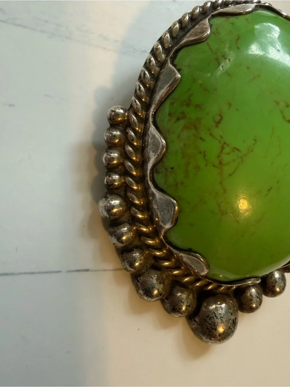Large Taxco Sterling Silver Brooch Green Stone